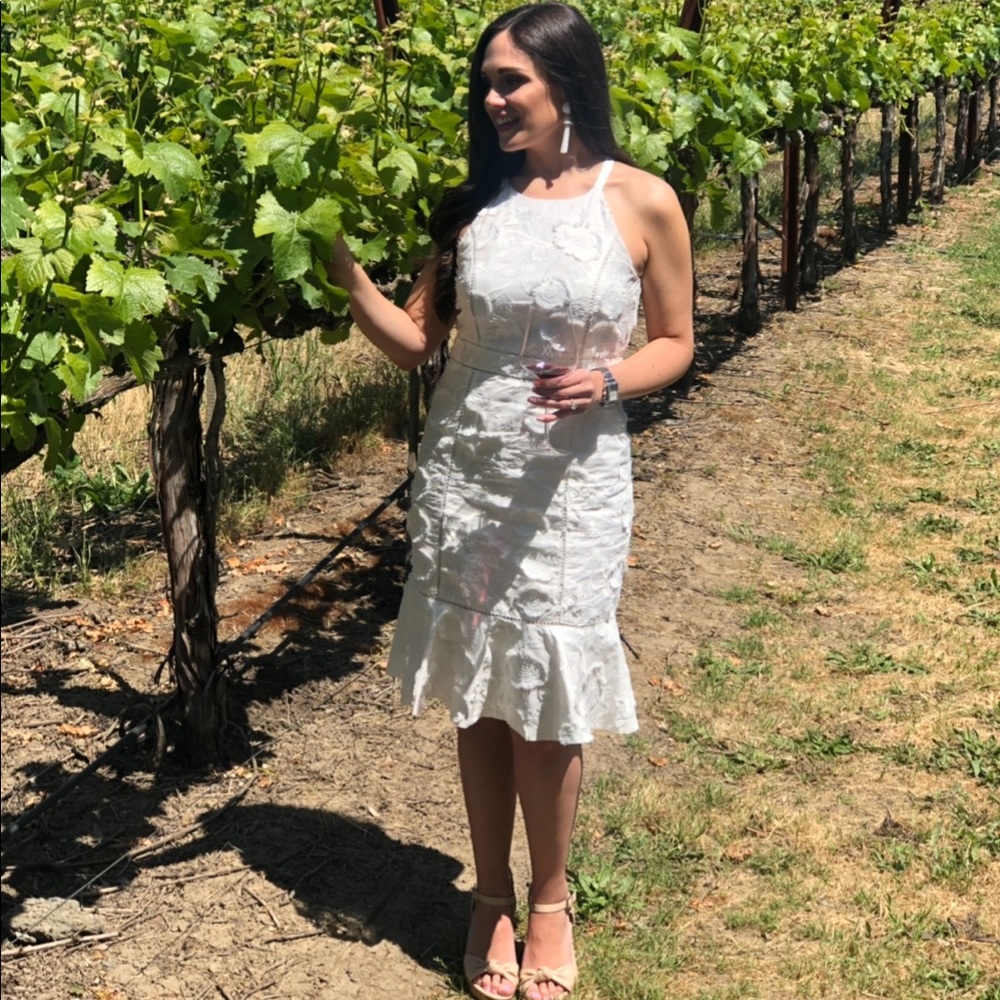 White halter flounce floral midi dress